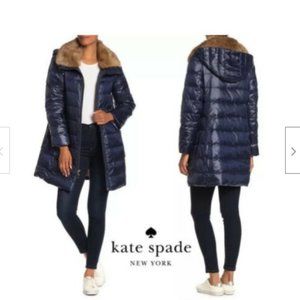 Kate Spade Down Puffer Faux Fur Collar Jacket Coat Hooded Xs Nwt Bow